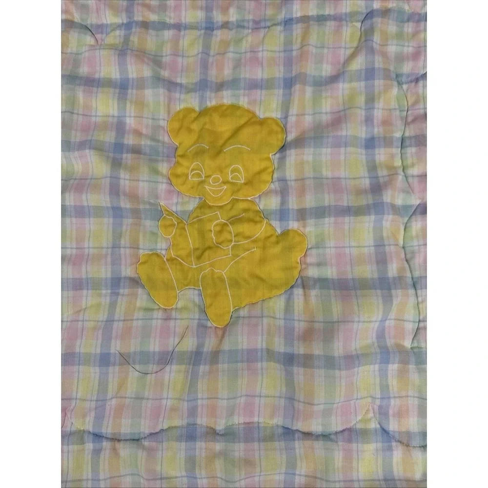 VTG Bear Crib Blanket‎ Baby Quilt Pastel Plaid Yellow 1980s Floor Play USA